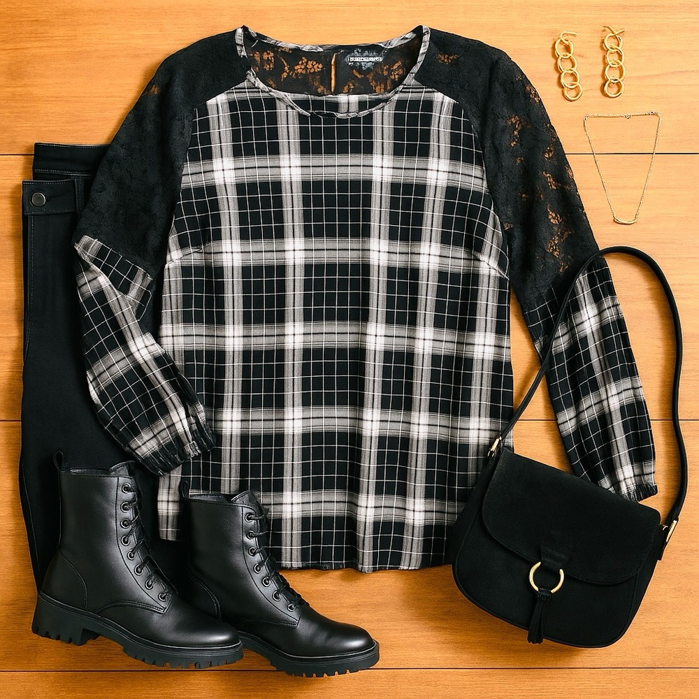 Lane Bryant 1X Soft Flannel Look Plaid Top with Lace Sleeves